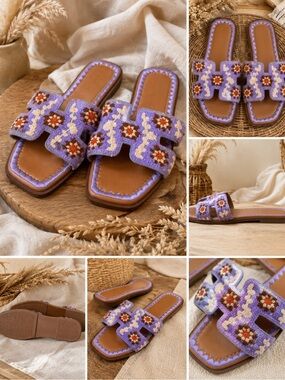 Madden Girl Boho Lavender Beaded Floral Slide Sandals